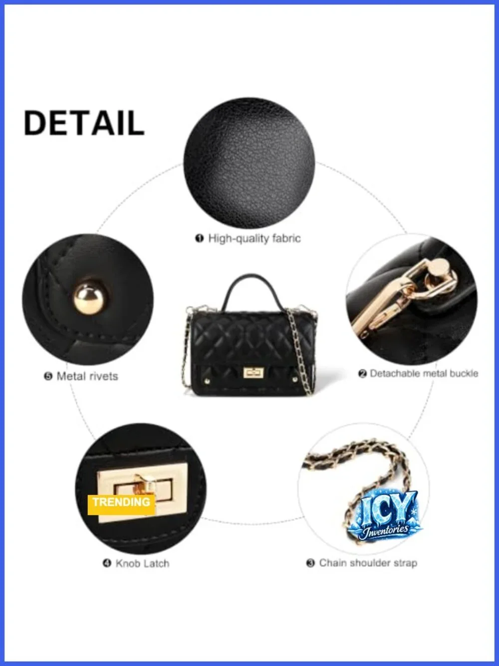 Quilted Vegan Leather Mini Crossbody Bag with Chain Strap, Twist Lock Purse